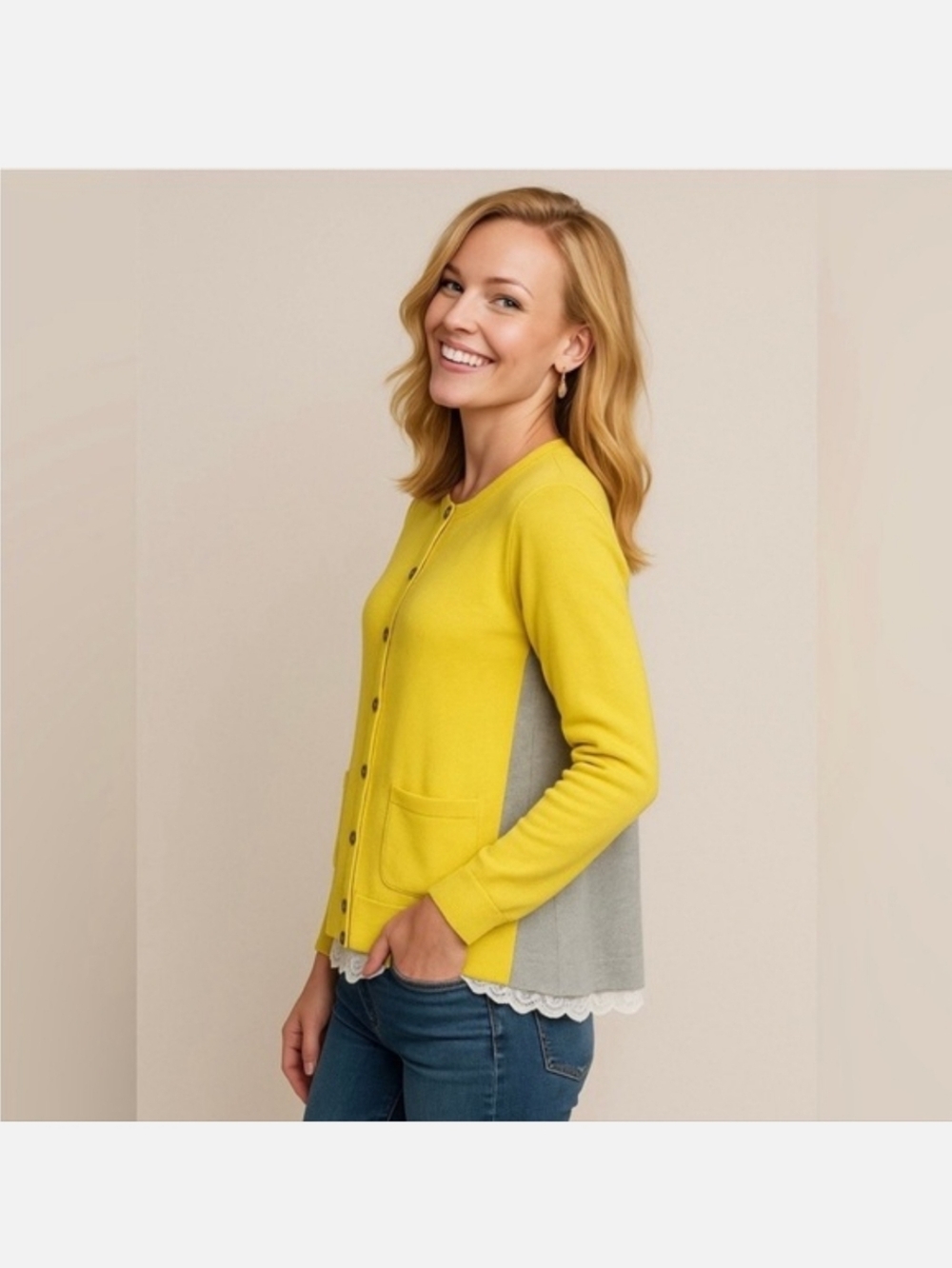 CABI Yellow Belle Button Up Sweater Cardigan. Semi sheer lace edge tank Small